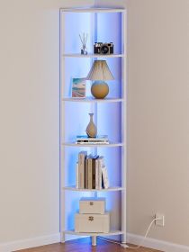 6 Tier Corner Shelf with LED Light, 67.5' Tall Standing Shelf Organizer, White