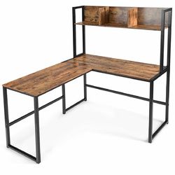 Industrial L-Shaped Desk Bookshelf 55" Corner Computer Gaming Table