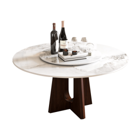Modern Marble Dining Table, 59" Sintered Stone Round Dining Table with Solid Wood Walnut Base, Sturdy Cross Design for 6-8 People-Walnut (Only Ta