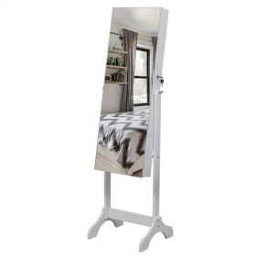 Full Mirror Wooden Foor Standing 4-layer Shelf with Inner Mirror 2 Drawer Jewelry Storage Adjustable Mirror Cabinet -Dark (Color: White)