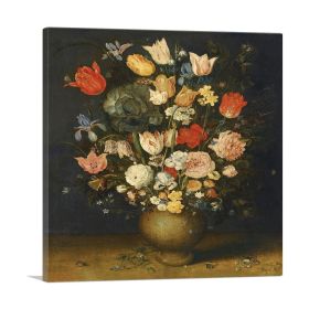 Still Life Tulips Roses Irises Unpainted Clay Vase Brooch Ring Bettle On Ledge (Type: Standard Framed Canvas Print, size: 16" x 16" / 42cm x 42cm (approx))